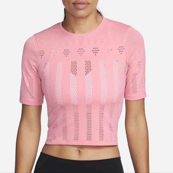 NWT Nike Yoga Coral Chalk Pink Dri-FIT ADV Luxe Mesh Stripe Crop Top M - Picture 1 of 7